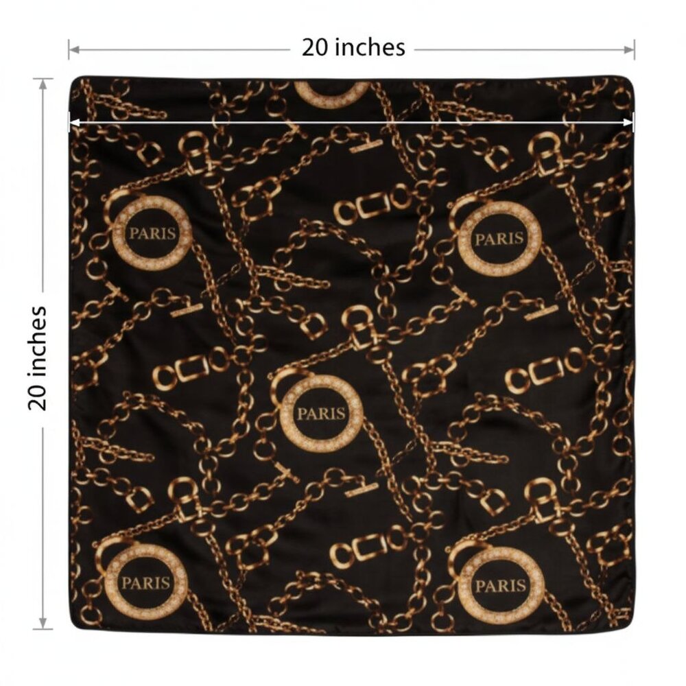 Black Gold Paris Chain Satin Square Scarf 20x20 Hair Neck Head Wrap - Picture 5 of 9